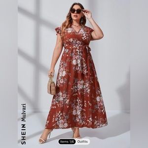 SHEIN plus floral print butterfly sleeve belted dress
